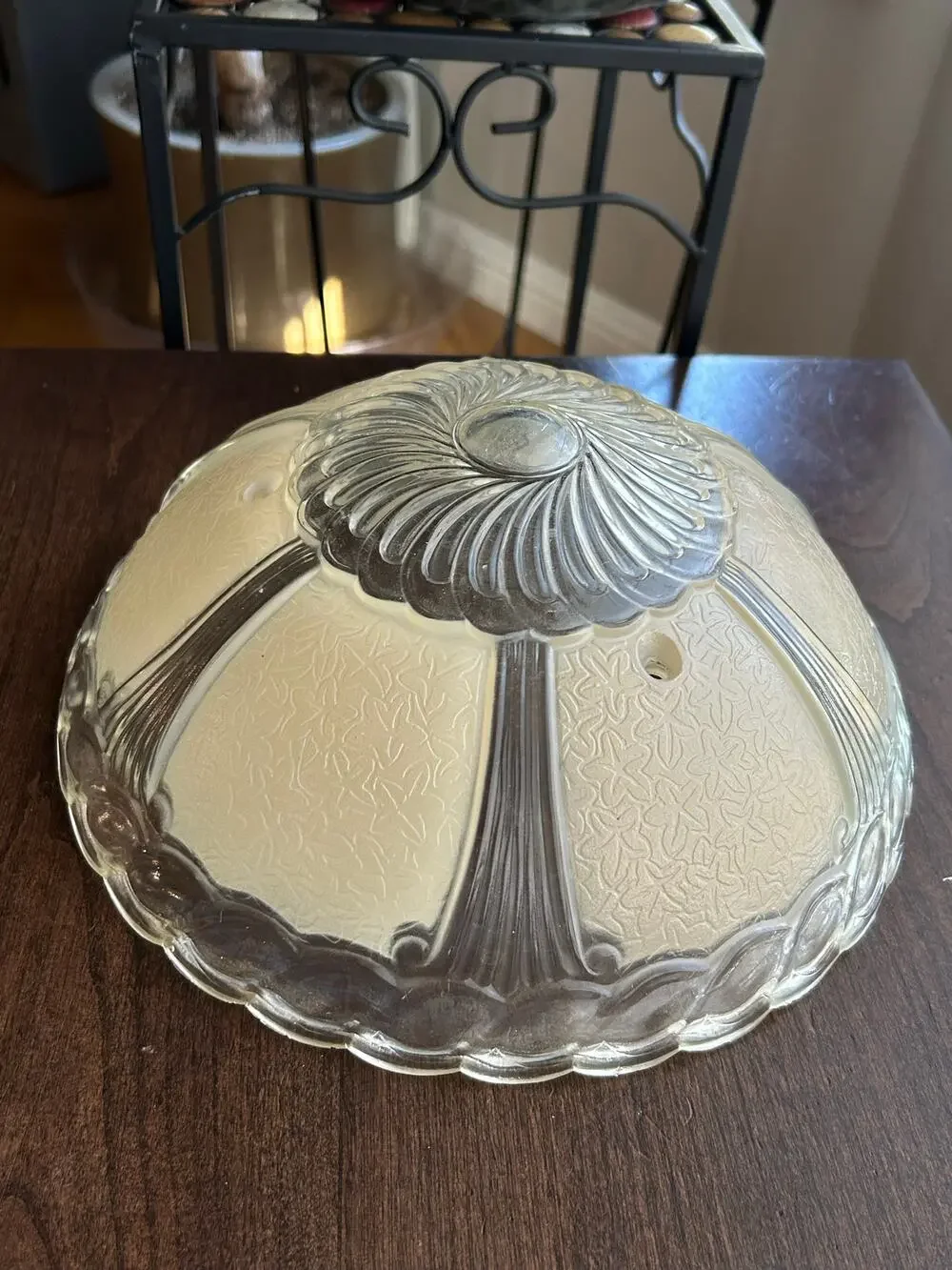 Vintage Art Deco Ceiling Clear & Creme Ornate Blown Glass Shade
